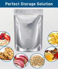 50 Pack Mylar Bags For Food Storage With Clear Window In 1 Quart Size, reusable pouches shown with grains, pasta, and spices