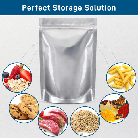 50 Pack Mylar Bags For Food Storage With Clear Window In 1 Quart Size, reusable pouches shown with grains, pasta, and spices
