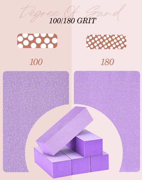 Nail Buffer Block Set For Manicures And Pedicures, Medium And Fine Grit 100 180, 3 Way Professional Buffer Kit, 5 Count Purple