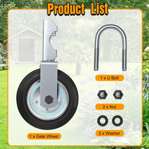 Gate Wheel For Metal Swing Gates With 1 5/8 To 2 Inch Frames Heavy Duty Gate Support Wheel With U Bolt, Nuts, and Washers