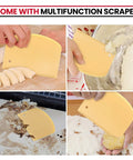 Multifunction scraper used in kneading dough, cleaning grill, and removing dough from bowl with cheese in hand.