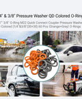 60 Pack Pro Grade Pressure Washer O Ring Set With 30 Orange One Quarter Inch And 30 Grey Three Eighths Inch Quick Connect Seals For M22 Fittings Fits Garden Hose Nozzle And Power Washer Accessories displayed with usage examples