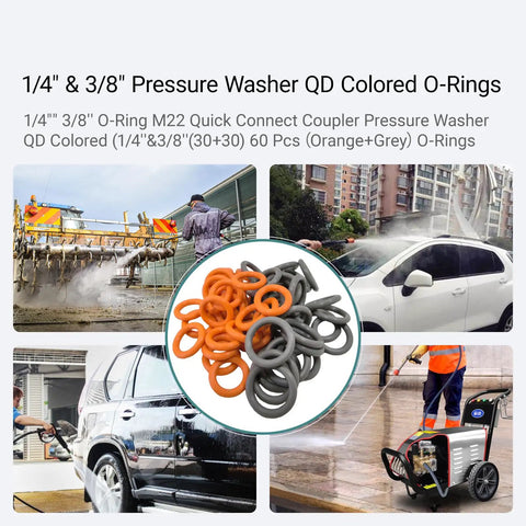60 Pack Pro Grade Pressure Washer O Ring Set With 30 Orange One Quarter Inch And 30 Grey Three Eighths Inch Quick Connect Seals For M22 Fittings Fits Garden Hose Nozzle And Power Washer Accessories displayed with usage examples