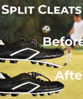 Split cleats showing before and after repair with No-Fuss Shoe Glue For Boots And Shoes - Professional Grade Repair Adhesive.
