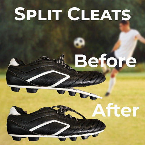 Split cleats showing before and after repair with No-Fuss Shoe Glue For Boots And Shoes - Professional Grade Repair Adhesive.