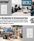 Image displaying a bright 20 Pack 15 Amp Tamper Resistant Decor Receptacles For Home And Business, Standard Wall Outlet With UL Listed Safety, 125V 1875W White, Wall Plate Included, No Brainer Setup For Residential And Commercial Use installed in a modern meeting room and living room setting.