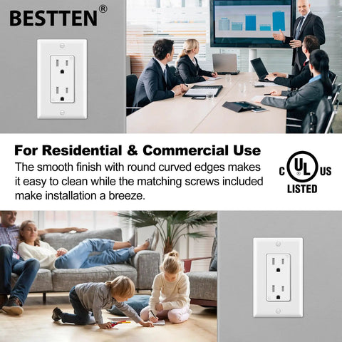 Image displaying a bright 20 Pack 15 Amp Tamper Resistant Decor Receptacles For Home And Business, Standard Wall Outlet With UL Listed Safety, 125V 1875W White, Wall Plate Included, No Brainer Setup For Residential And Commercial Use installed in a modern meeting room and living room setting.