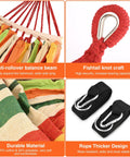 Portable Hammock With Carrying Bag And Two Tree Straps For Camping Travel And Beach Outdoor Fun Supports Up To 660 Lbs Anti Roll Over Wooden Frame For Stable Balance Great For Single Or Double Use with colorful fabric and tree straps