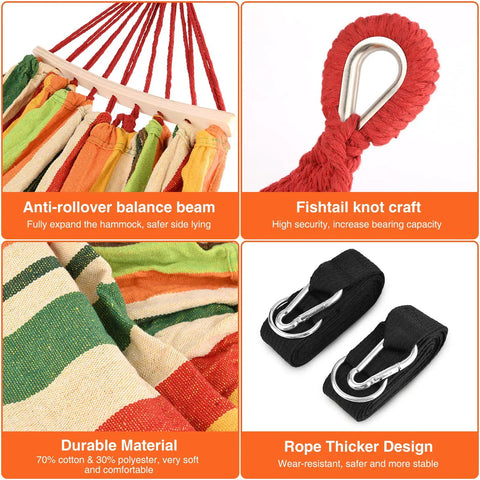 Portable Hammock With Carrying Bag And Two Tree Straps For Camping Travel And Beach Outdoor Fun Supports Up To 660 Lbs Anti Roll Over Wooden Frame For Stable Balance Great For Single Or Double Use with colorful fabric and tree straps