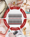 Clear Glue With Precision Tip 15ml 50 Pack for nails, jewelry, crafts, and repairs, showcased in various creative uses.