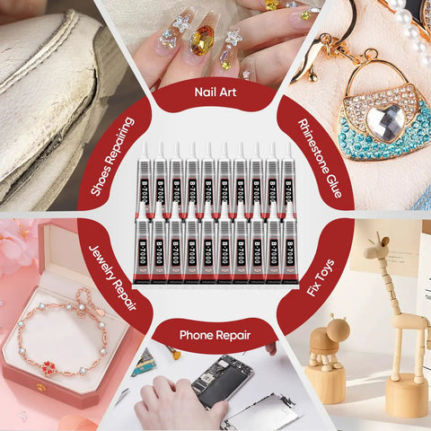 Clear Glue With Precision Tip 15ml 50 Pack for nails, jewelry, crafts, and repairs, showcased in various creative uses.