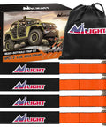 Beefy 4 Pack Axle Tie Down Straps 2 Inch by 38 Inch With Protective Sleeve and D Ring, Road Ready Heavy Duty Kit For Trailers, Trucks, UTVs, And Car Hoists, 11127 Lbs Break Strength, 3709 Lbs Working Load. 4-pack orange straps with sleeves and D rings