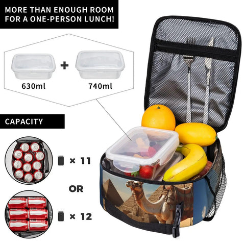 Desert Camel Insulated Lunch Bag With Detachable Handle open showing food capacity and PEVA lining.