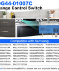 Dual Infinite Switch Replacement For Electric Stoves With Precise Heat Control, Easy Install, Compatible With Major Ranges, Replaces PER001-13D, Triple Burner Switch For Reliable Temperature Management shown in front of Samsung oven model DG44-01007C range control switch with list of compatible models.