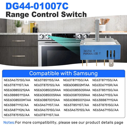 Dual Infinite Switch Replacement For Electric Stoves With Precise Heat Control, Easy Install, Compatible With Major Ranges, Replaces PER001-13D, Triple Burner Switch For Reliable Temperature Management shown in front of Samsung oven model DG44-01007C range control switch with list of compatible models.
