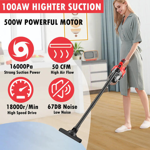 Rugged Cordless Vacuum Cleaner With Five In One Setup And Hella Mighty 500 Watt Brushless Motor Pulling Savage 100AW Suction in use on a tiled floor.
