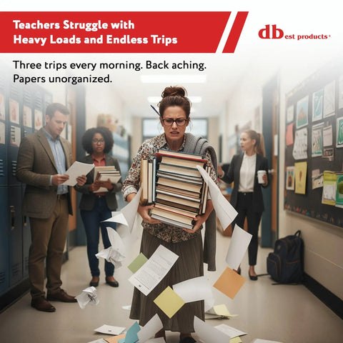 Teacher in hallway struggling to carry books and papers without Quik Cart 360 Rolling Crate With Wheels Collapsible Utility Cart.