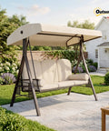 Three Seat Patio Swing Chair With Adjustable Canopy Cozy Outdoor Porch Swing Glider With Removable Cushions Pillows And Side Trays