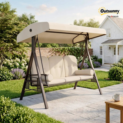 Three Seat Patio Swing Chair With Adjustable Canopy Cozy Outdoor Porch Swing Glider With Removable Cushions Pillows And Side Trays