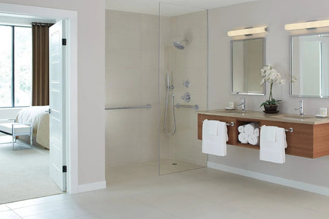 Modern bathroom featuring 36 Inch Heavy Duty Bathroom Grab Bar With Stainless Steel Rail And Zinc Posts, ADA Compliant, in shower area.