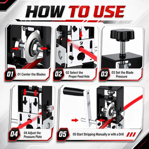How to use The Real Deal Stainless Steel Wire Stripping Machine for scrap copper wire, showing adjustment steps and feed instructions.