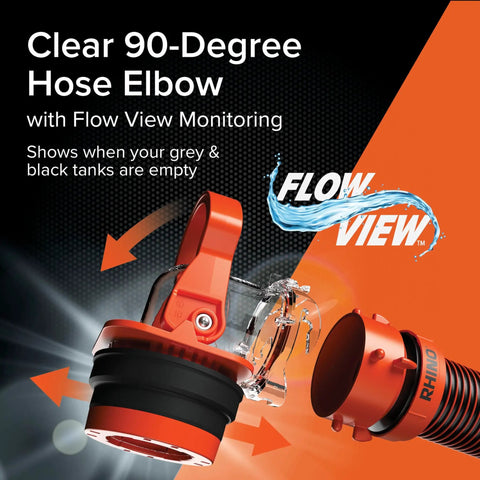 Rhino RV Sewer Adapter PRO Clear Sewer Hose Elbow With Drain Lock showing 90-degree angle and flow view monitoring