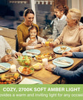 Family dinner illuminated by Vintage Dimmable Edison Style Led Bulbs 60W Equivalent Amber Glow ST19 E26 Socket 2700K Soft White