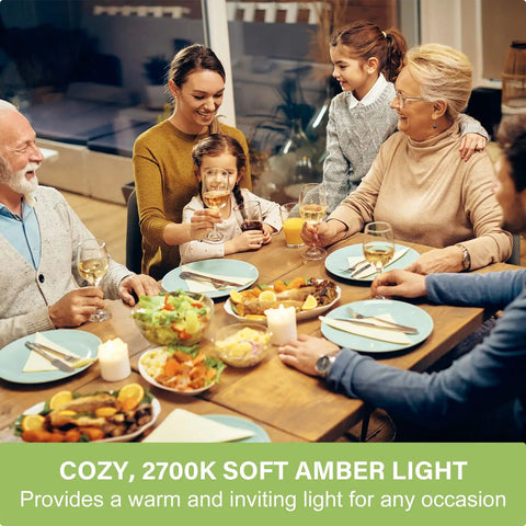 Family dinner illuminated by Vintage Dimmable Edison Style Led Bulbs 60W Equivalent Amber Glow ST19 E26 Socket 2700K Soft White
