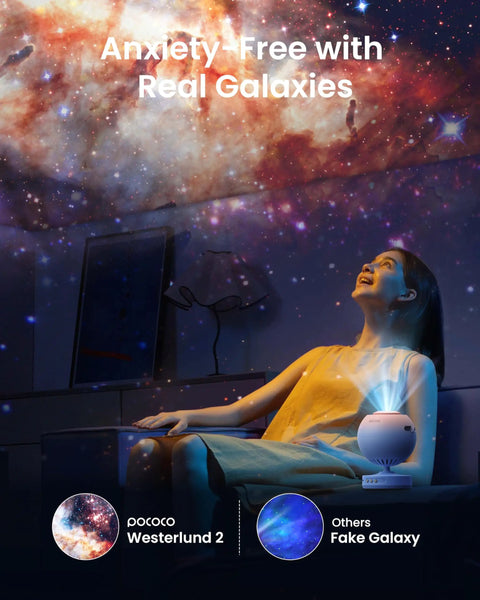 Woman relaxing under Galaxy Star Projector For Bedroom With Replaceable Optical Film Discs, Home Planetarium Night Light
