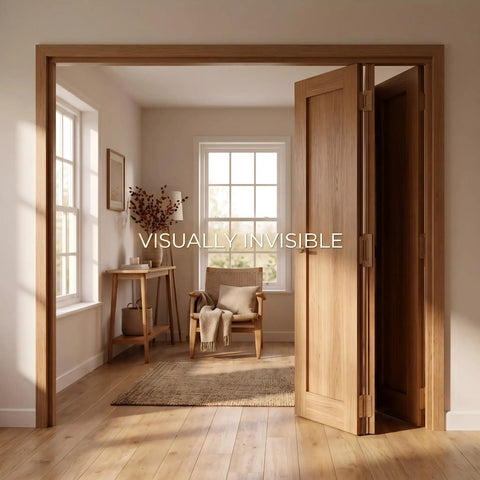 Heavy Duty 4 Inch Ball Bearing Door Hinges With Silky Smooth Operation And Rock Solid 304 Stainless Steel Build Featuring A Matte Wood Grain Finish For Zero Fuss Installation And Top Shelf Durability On Interior Doors visible in an open wooden doorway.