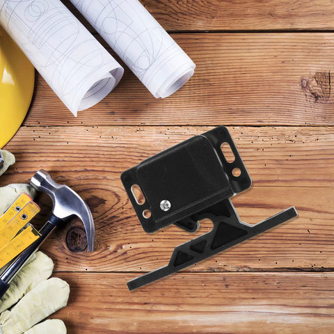 RV Cabinet Door Latches With Screws, Pull-To-Open Camper Cabinet Latch on wooden surface with tools and gloves