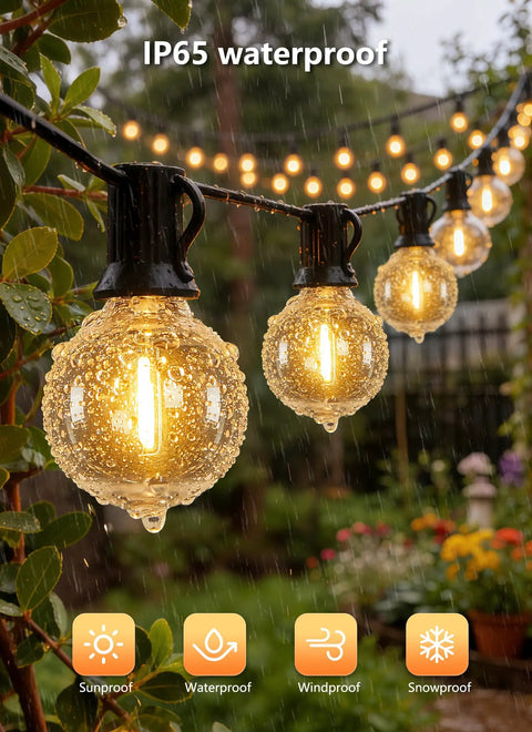 Dimmable Outdoor String Lights With Remote 100Ft Waterproof G40 LED Bulbs in rain, showcasing shatterproof design and IP65 rating
