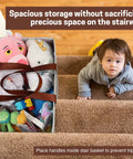 Stair Basket Organizer For Carpeted And Wooden Stairs Foldable 16L X 10W X 16H filled with toys next to child on steps.
