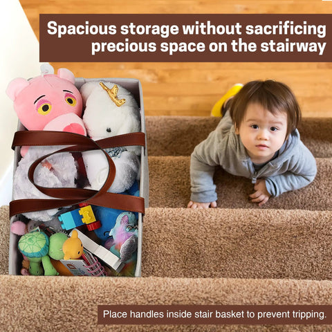 Stair Basket Organizer For Carpeted And Wooden Stairs Foldable 16L X 10W X 16H filled with toys next to child on steps.
