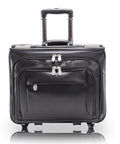 Front view of Patented Detachable Wheeled 17 Inch Leather Catalog Briefcase Workhorse With Top Grain Cowhide Built In Laptop Sleeve