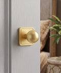 Slick Gold Zinc Alloy Cabinet Knobs With Premium Square Backplate And 1 Inch Round Ball Pulls For Kitchen Drawers Dressers Wardrobes Top Shelf Cupboard Furniture Hardware mounted on a grey cupboard.