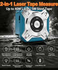 Hella Reliable Zero Hassle Two In One Laser Tape Measure With 131 Foot Laser Distance Meter And 16 Foot Retractable Steel Measuring Tape Usb C Rechargeable Backlit Lcd Display For Fast Work showing laser measure with backlit display and steel tape.