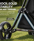 Close-up of Heavy Duty Three Wheel Golf Push Cart delivering dead steady control with stabilizer rods on uneven terrain.
