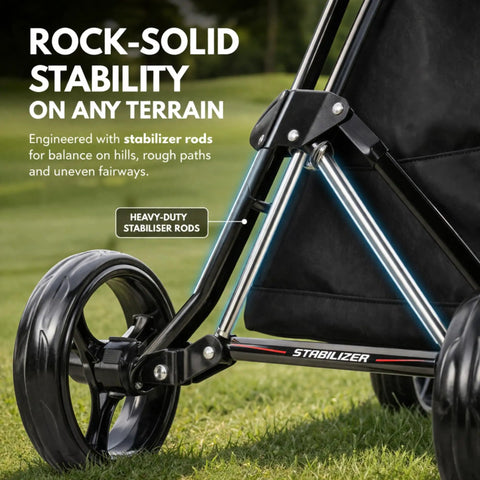 Close-up of Heavy Duty Three Wheel Golf Push Cart delivering dead steady control with stabilizer rods on uneven terrain.