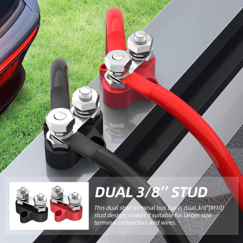 Image of Beefed Up 12V 200A Power Distribution Block with dual M8 studs, red positive and black ground bus bar for auto car marine boat.