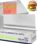 Heavy Duty Aluminum Foil Sheets 12 X 10.75 Inches, 500 Count Pre Cut Pop Up Dispenser shown with wrapped sandwich