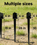 Pack Of Four Heavy Duty Fence Post Anchors Ground Spikes In Black Powder Coat Finish, various lengths with measurements