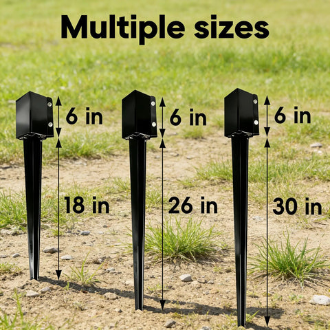 Pack Of Four Heavy Duty Fence Post Anchors Ground Spikes In Black Powder Coat Finish, various lengths with measurements
