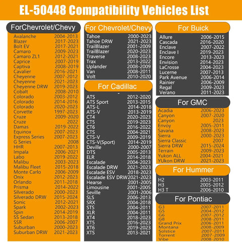 EL-50448 compatibility vehicles list for Solid El50448 TPMS Relearn Tool For GM Trucks And Cars That Quickly Trains Tire Pressure Sensors And Clears Dash Warning Lights No Sweat Road Ready Wrenching Essentials.