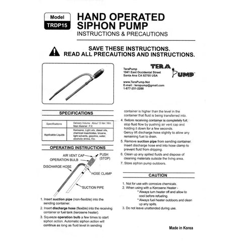 Heavy Duty Manual Fuel Transfer Pump And Gasoline Siphon With 5 Gpm Flow Rate detailed instructions and specifications sheet.