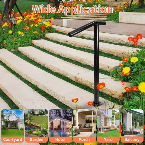 Super Solid Single Post Stair Handrail Built Heavy Duty For Outdoor Steps With Ergonomic Handles in a garden setting.