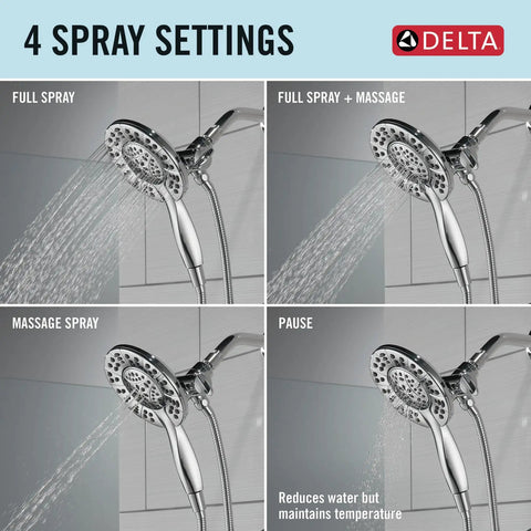 Arvo 14 Series Chrome Shower Faucet Set With In2ition 2-In-1 Dual Shower Head showcasing four spray settings.
