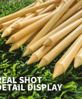 Real shot of Personalized Bamboo Golf Tees Set From 100 To 1000 Pieces, natural bamboo tees displayed on grass