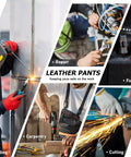 Split Leather Welding Pants With Heat And Flame Resistant Safety Leg Protection For Men And Women, Regular 34 Inch in use by workers.