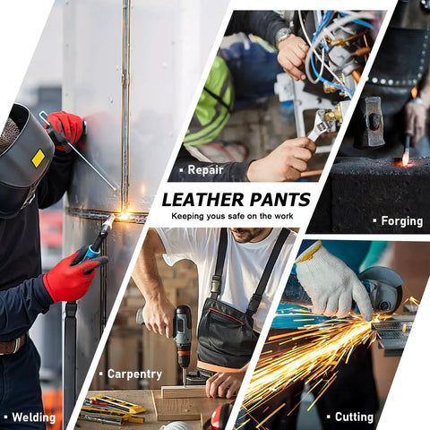 Split Leather Welding Pants With Heat And Flame Resistant Safety Leg Protection For Men And Women, Regular 34 Inch in use by workers.